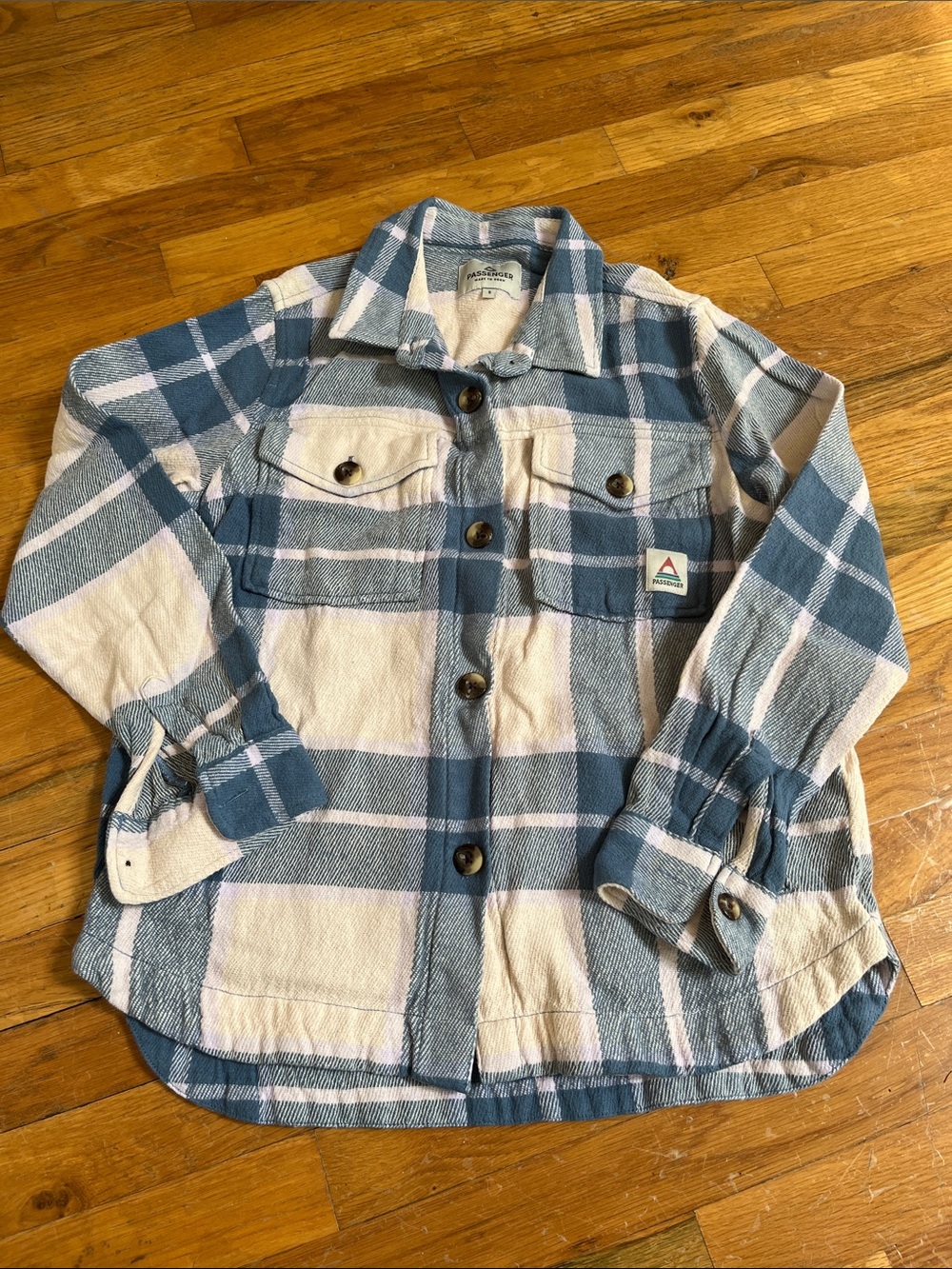 Passenger 100% Cotton Blue & Cream Plaid Button-Up Shirt Jacket